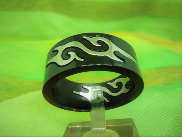 Bague alliance noire gothique en acier inoxydable chirurgical 316L, motif tribal viking en acier (rinceaux, vague), style rock biker gothique viking