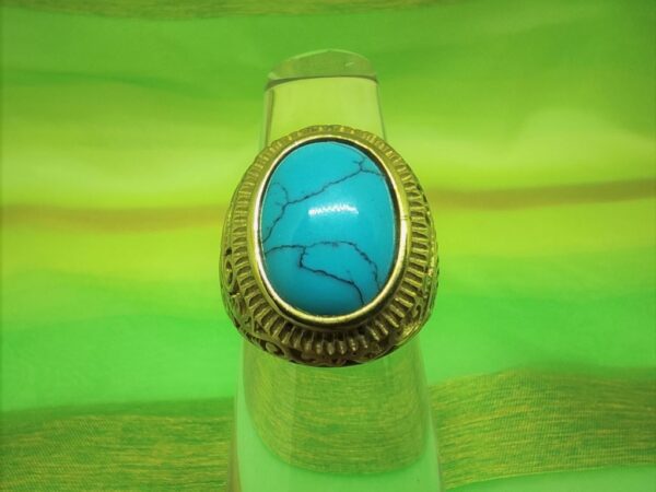 Bague chevalière classique en acier inoxydable chirurgical 316L plaqué or, chaton cabochon turquoise motif rinceaux, style rock, biker, gothique