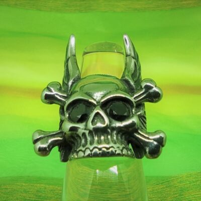 Bague gothique tête de mort pirate Jolly Roger ailée avec les yeux en pierre noire