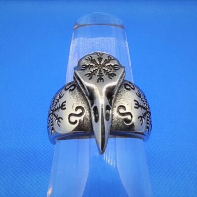 Bague viking gothique tête de corbeau squelette avec motifs compas viking Vegvisir