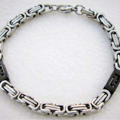 Bracelet classique bicolore acier/noir, maille byzantine, ajustable